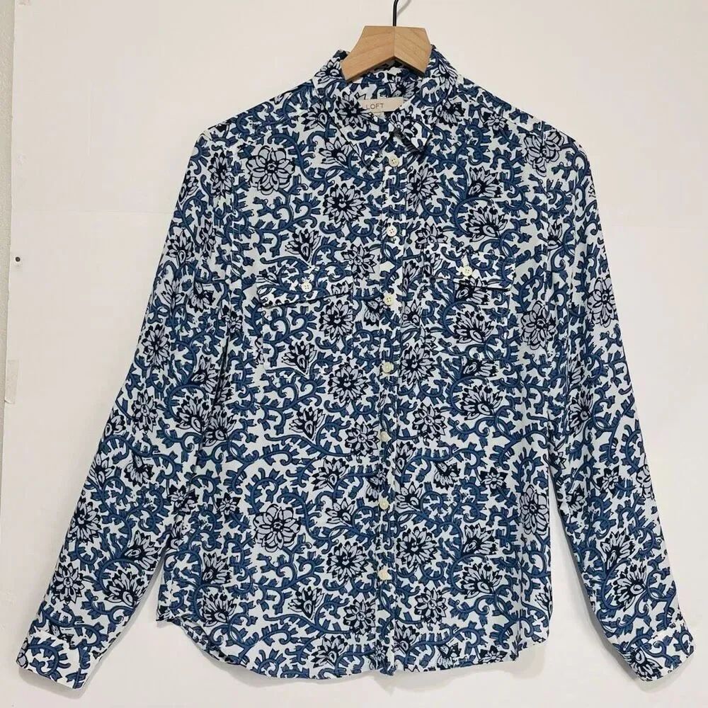 LOFT Blue Floral Long Sleeve Blouse Size S